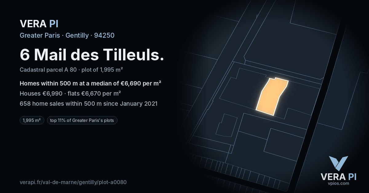 6 Mail des Tilleuls, Gentilly at night – the plot lit, the parcels around coloured by the prices near them