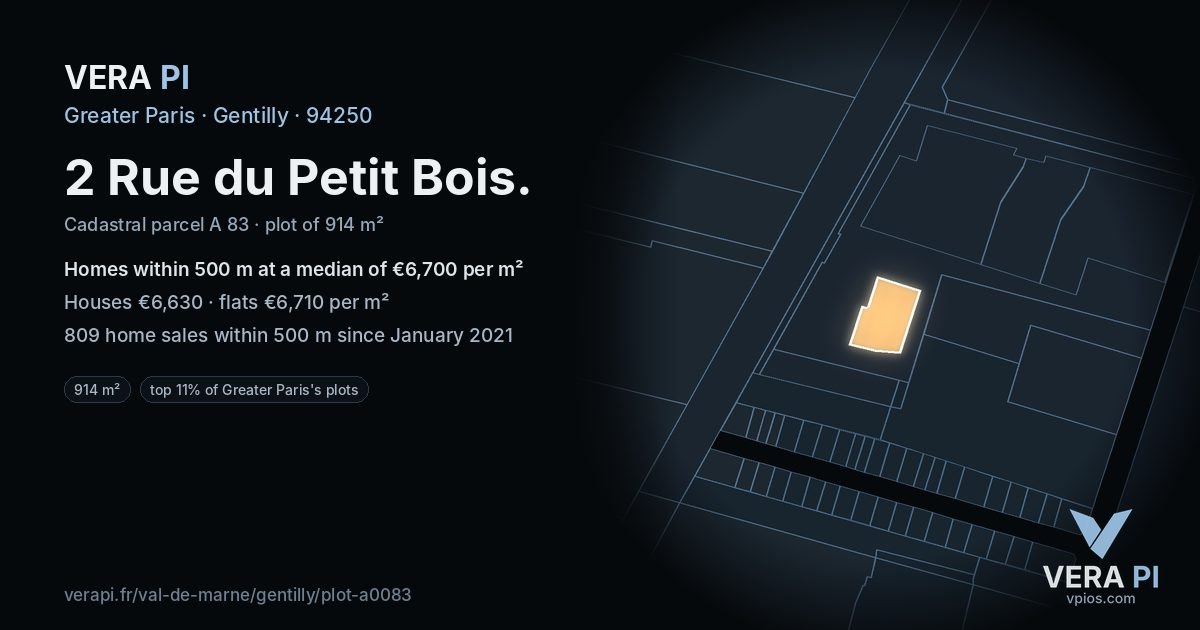 2 Rue du Petit Bois, Gentilly at night – the plot lit, the parcels around coloured by the prices near them