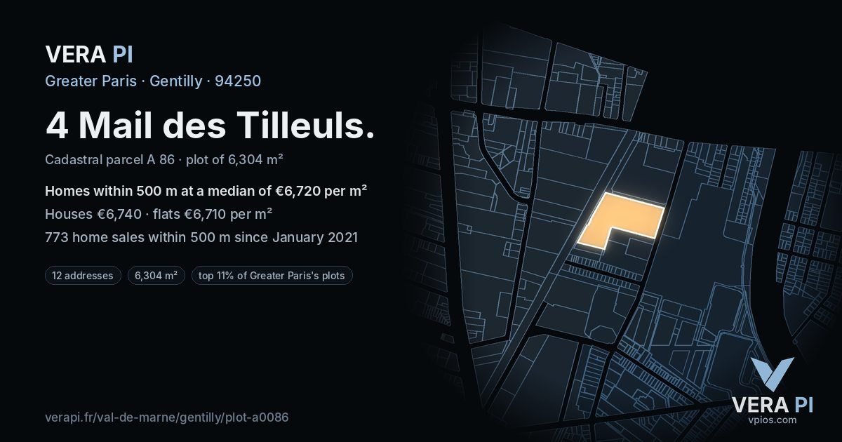 4 Mail des Tilleuls, Gentilly at night – the plot lit, the parcels around coloured by the prices near them