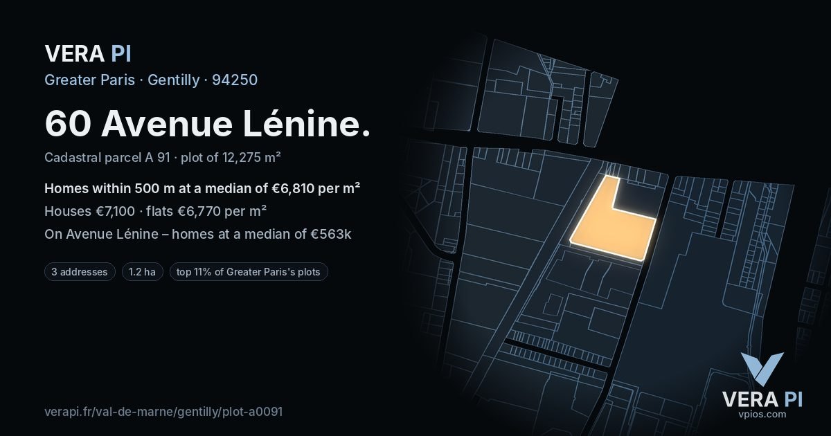60 Avenue Lénine, Gentilly at night – the plot lit, the parcels around coloured by the prices near them