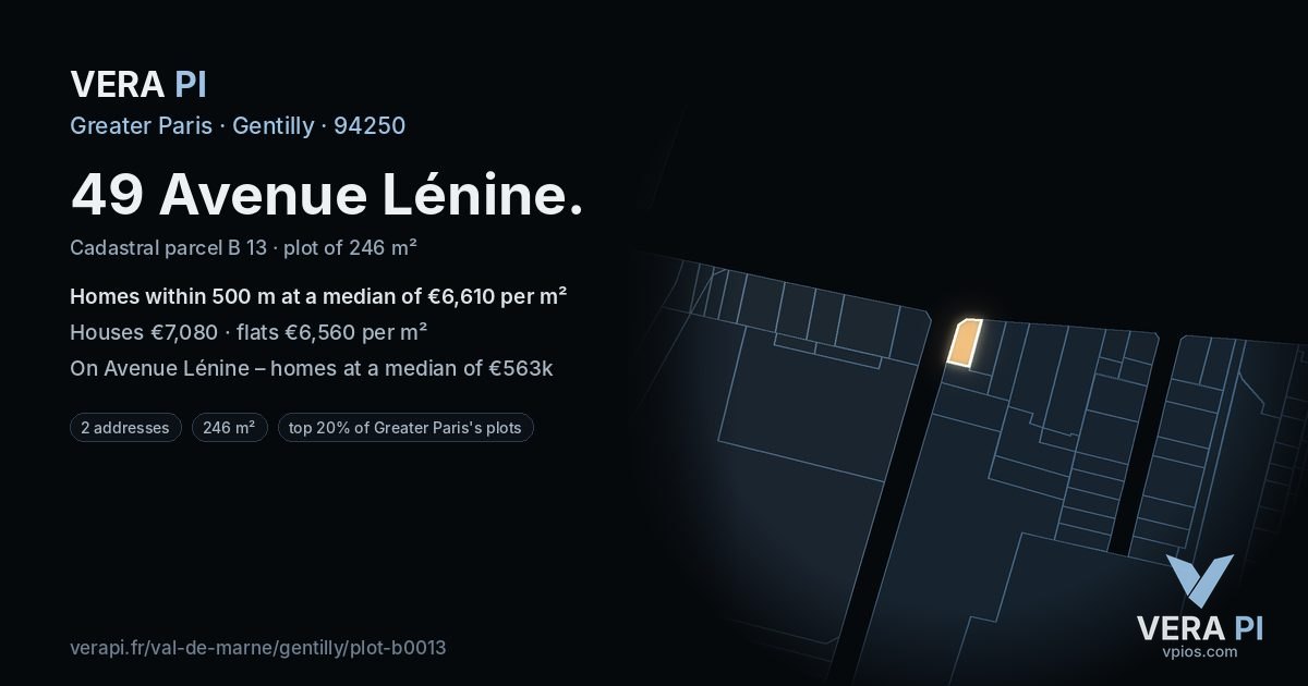 49 Avenue Lénine, Gentilly at night – the plot lit, the parcels around coloured by the prices near them
