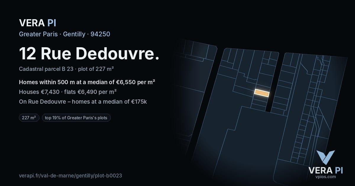 12 Rue Dedouvre, Gentilly at night – the plot lit, the parcels around coloured by the prices near them