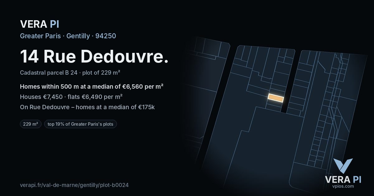 14 Rue Dedouvre, Gentilly at night – the plot lit, the parcels around coloured by the prices near them