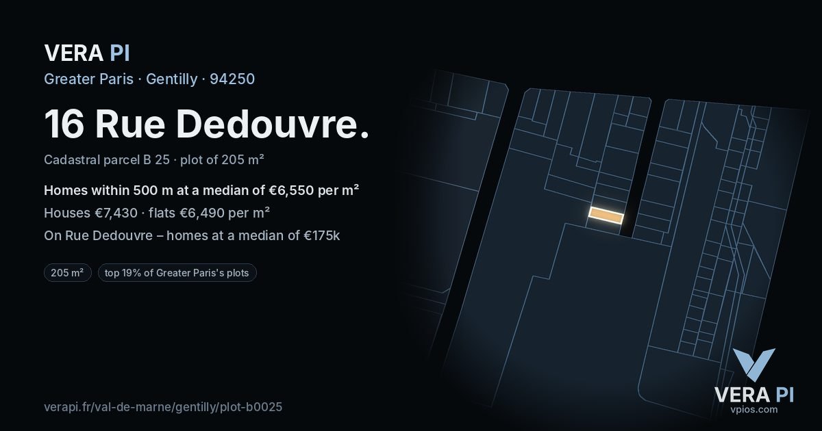 16 Rue Dedouvre, Gentilly at night – the plot lit, the parcels around coloured by the prices near them