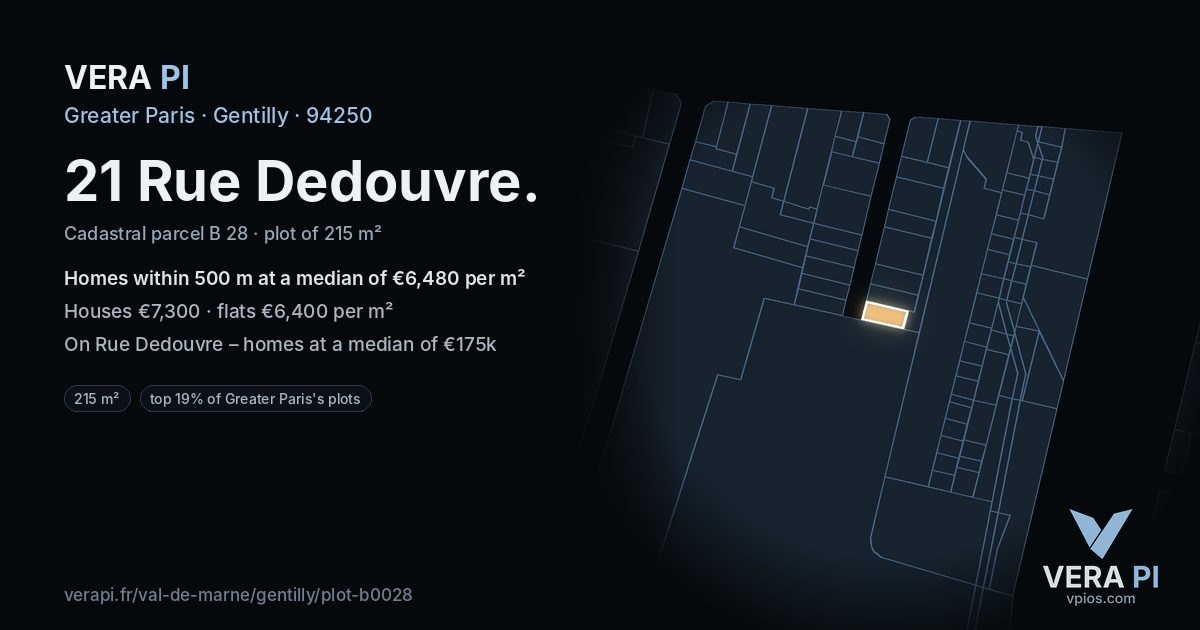 21 Rue Dedouvre, Gentilly at night – the plot lit, the parcels around coloured by the prices near them