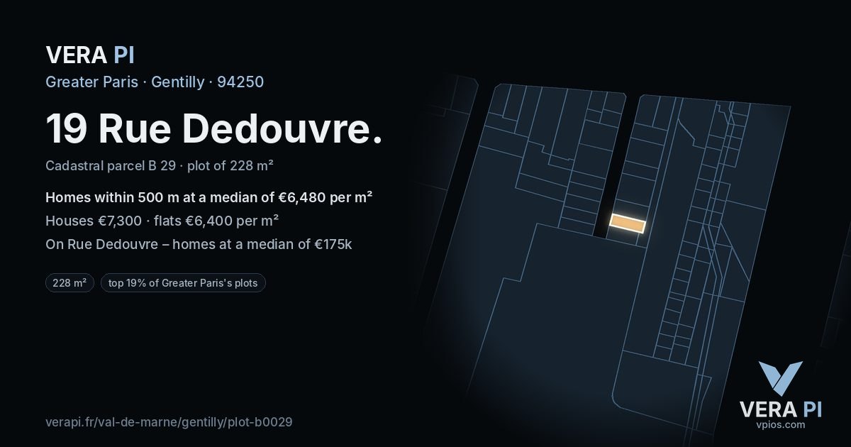 19 Rue Dedouvre, Gentilly at night – the plot lit, the parcels around coloured by the prices near them