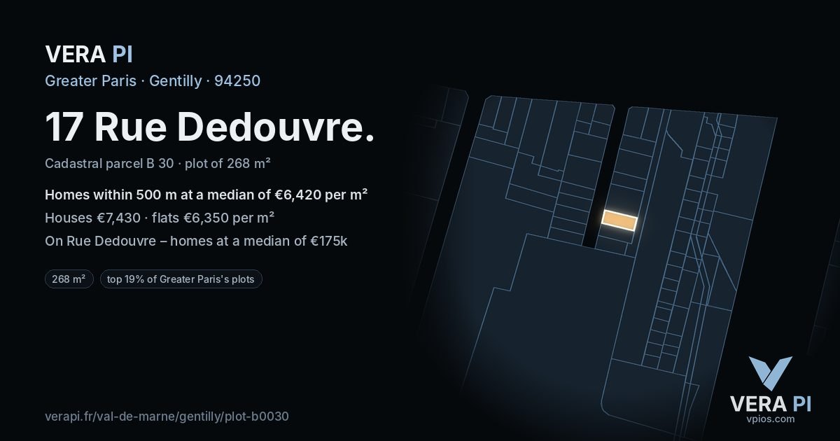 17 Rue Dedouvre, Gentilly at night – the plot lit, the parcels around coloured by the prices near them