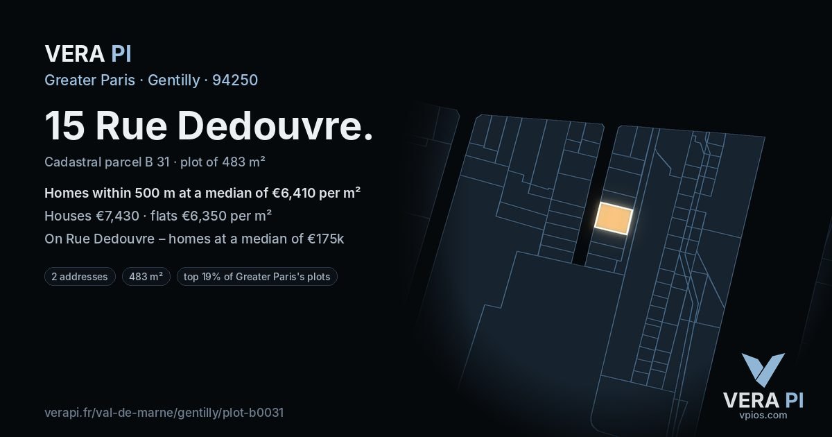 15 Rue Dedouvre, Gentilly at night – the plot lit, the parcels around coloured by the prices near them