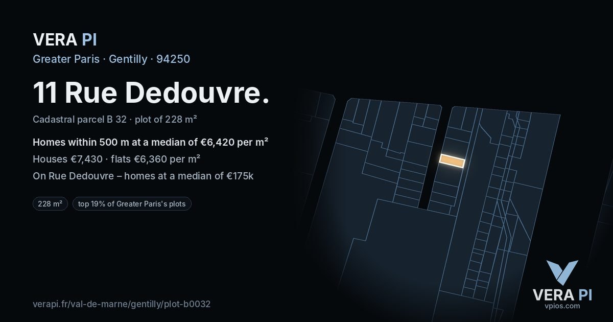 11 Rue Dedouvre, Gentilly at night – the plot lit, the parcels around coloured by the prices near them