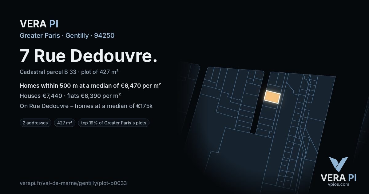 7 Rue Dedouvre, Gentilly at night – the plot lit, the parcels around coloured by the prices near them