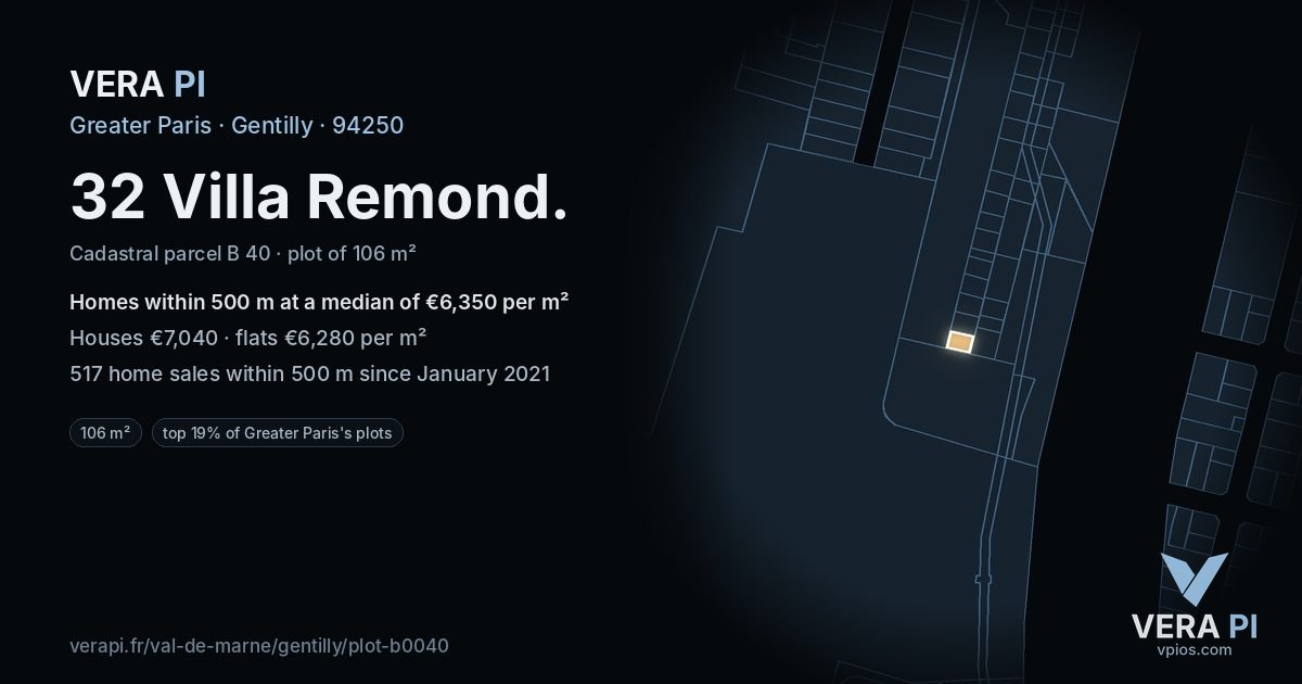 32 Villa Remond, Gentilly at night – the plot lit, the parcels around coloured by the prices near them
