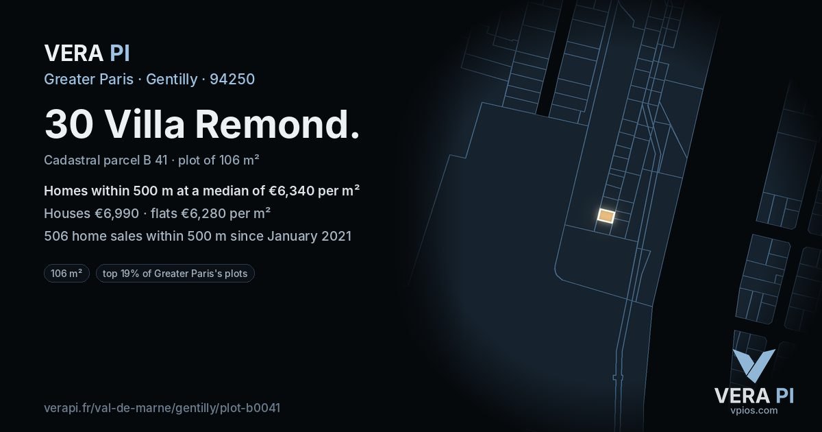 30 Villa Remond, Gentilly at night – the plot lit, the parcels around coloured by the prices near them