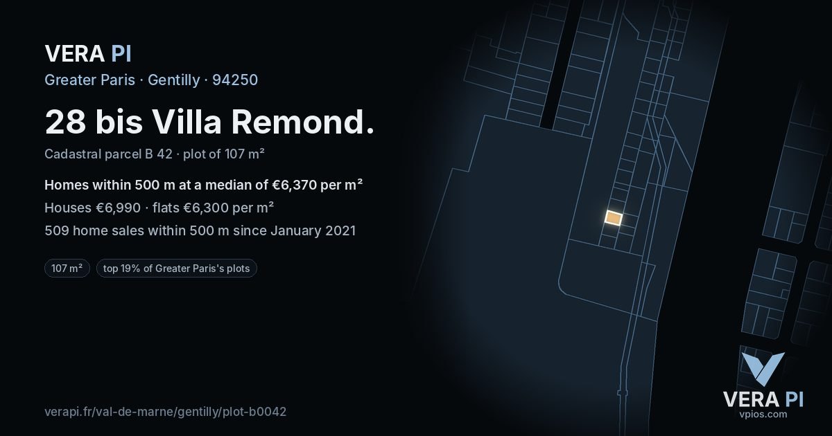 28 bis Villa Remond, Gentilly at night – the plot lit, the parcels around coloured by the prices near them