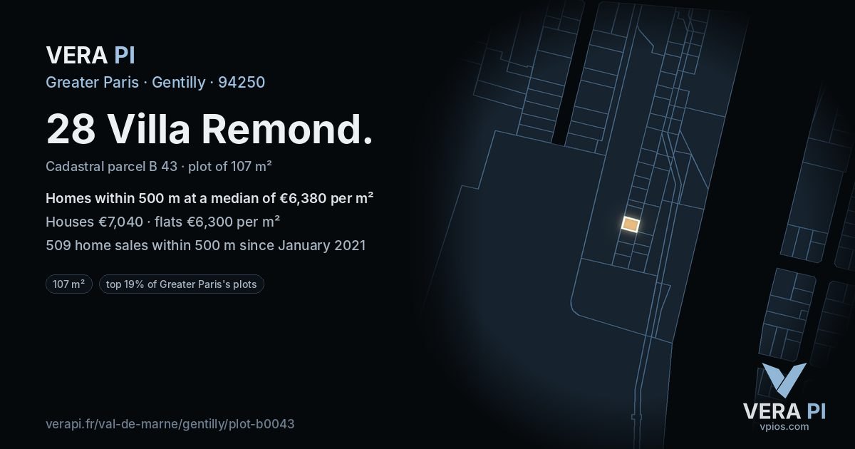 28 Villa Remond, Gentilly at night – the plot lit, the parcels around coloured by the prices near them