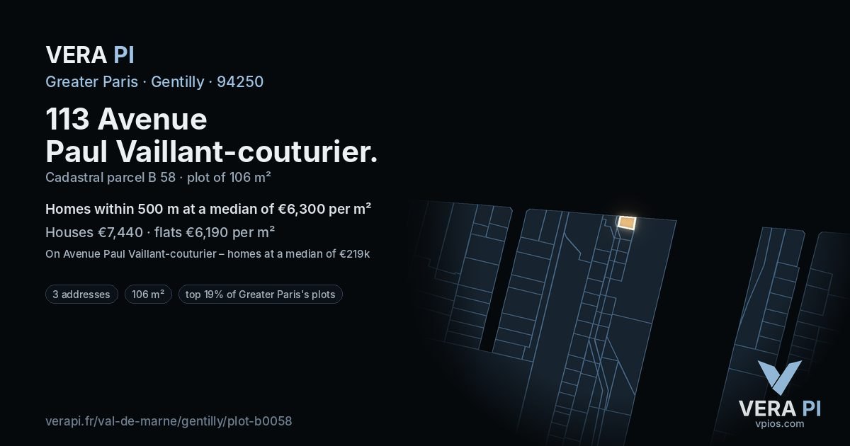 113 Avenue Paul Vaillant-couturier, Gentilly at night – the plot lit, the parcels around coloured by the prices near them