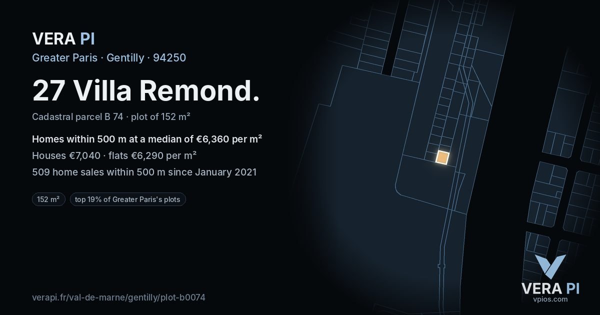 27 Villa Remond, Gentilly at night – the plot lit, the parcels around coloured by the prices near them