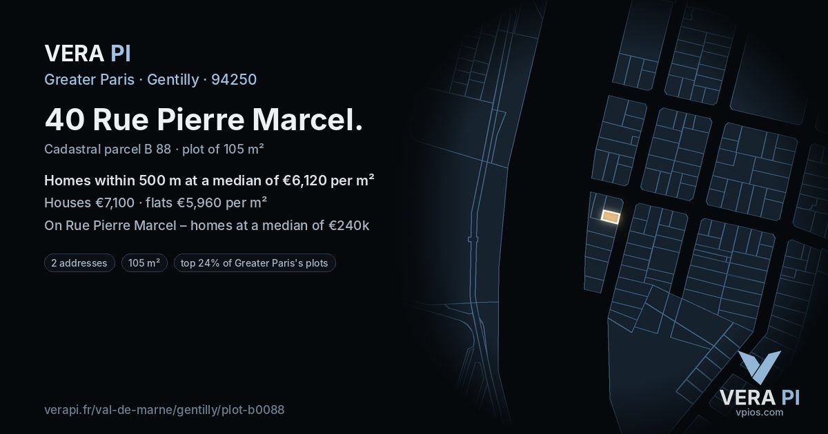 40 Rue Pierre Marcel, Gentilly at night – the plot lit, the parcels around coloured by the prices near them