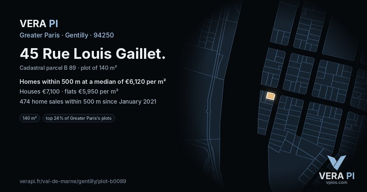 45 Rue Louis Gaillet, Gentilly at night – the plot lit, the parcels around coloured by the prices near them