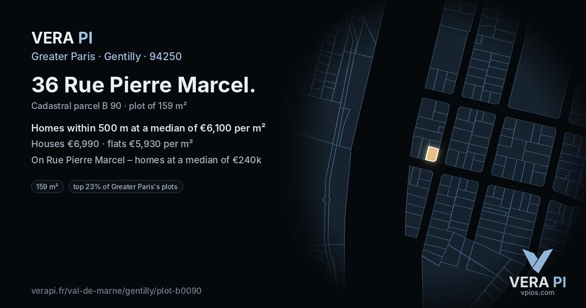 36 Rue Pierre Marcel, Gentilly at night – the plot lit, the parcels around coloured by the prices near them