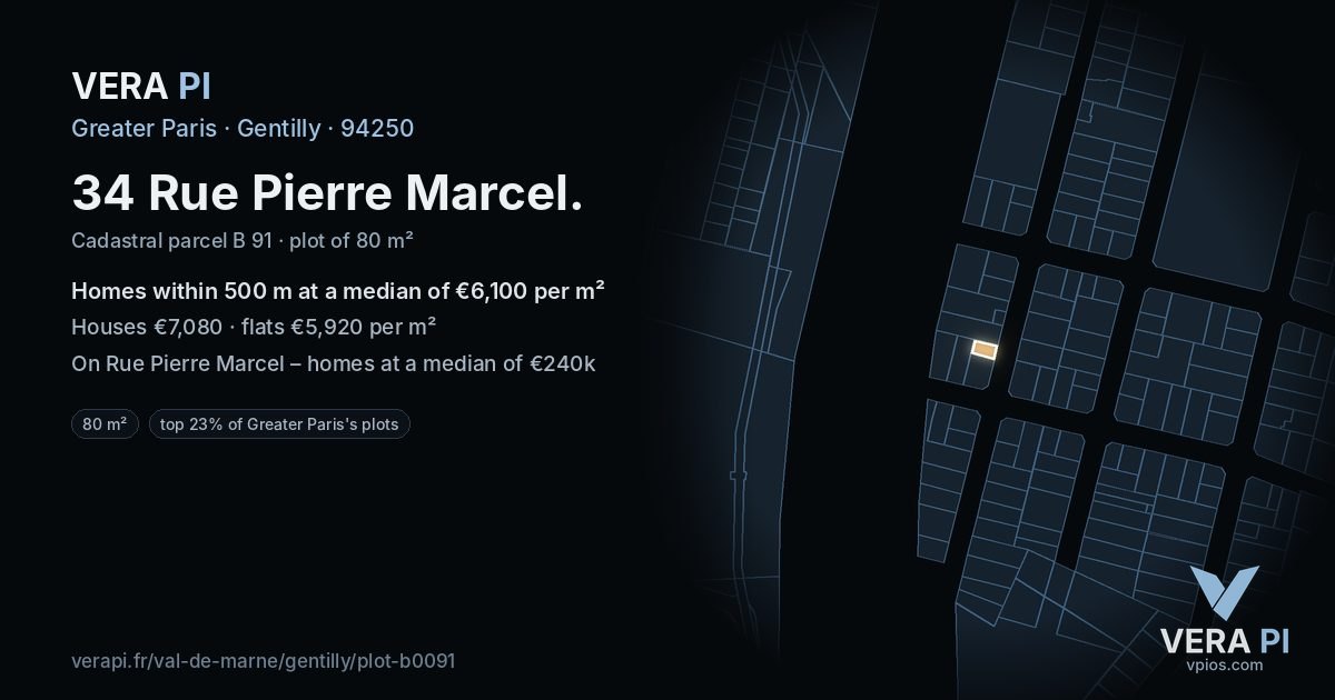 34 Rue Pierre Marcel, Gentilly at night – the plot lit, the parcels around coloured by the prices near them
