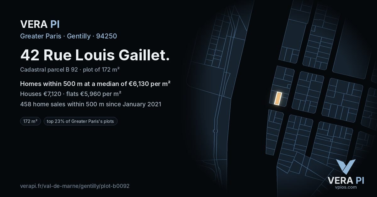 42 Rue Louis Gaillet, Gentilly at night – the plot lit, the parcels around coloured by the prices near them