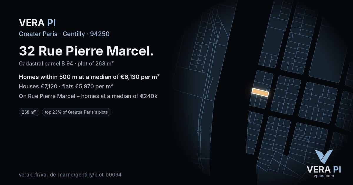 32 Rue Pierre Marcel, Gentilly at night – the plot lit, the parcels around coloured by the prices near them