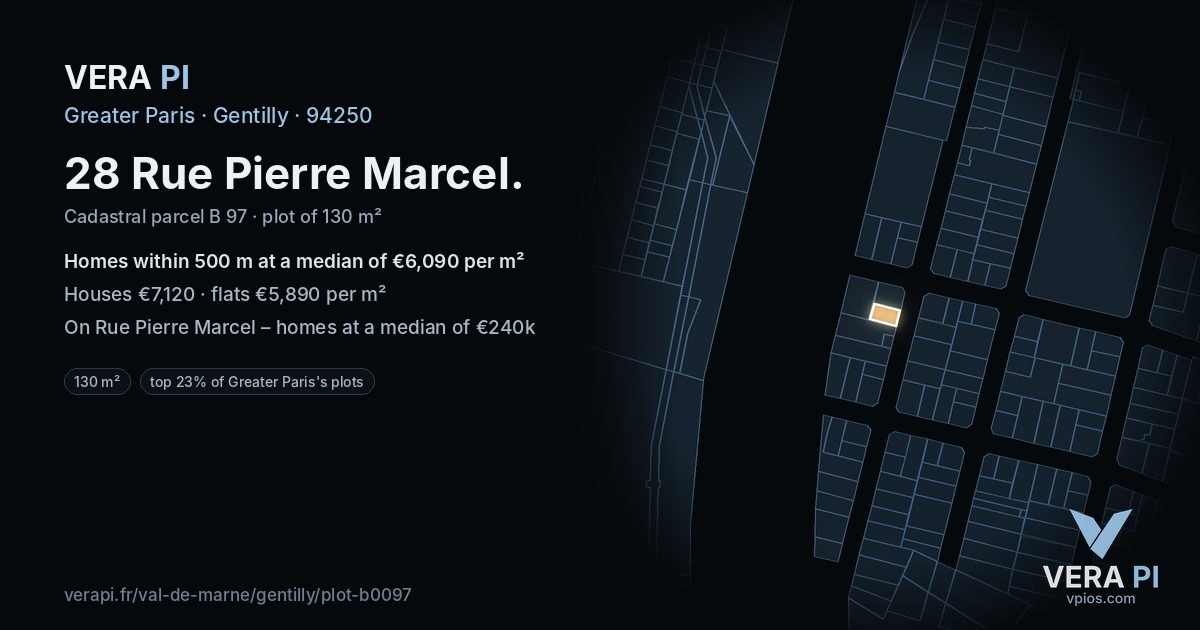 28 Rue Pierre Marcel, Gentilly at night – the plot lit, the parcels around coloured by the prices near them