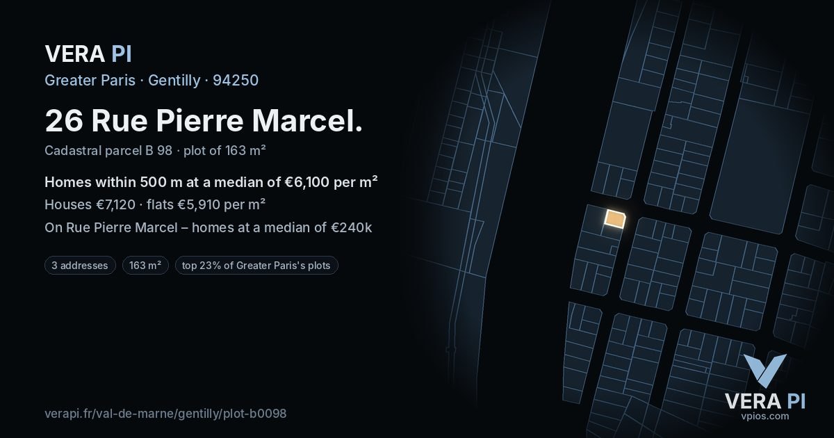 26 Rue Pierre Marcel, Gentilly at night – the plot lit, the parcels around coloured by the prices near them