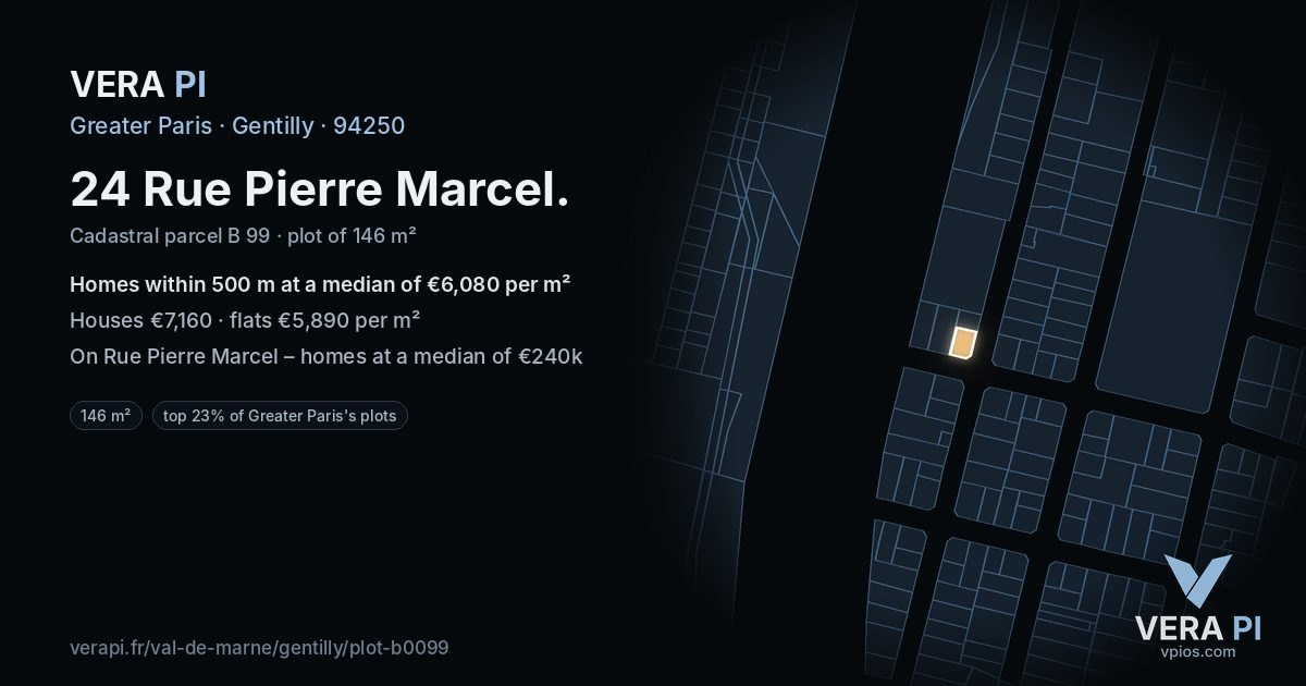 24 Rue Pierre Marcel, Gentilly at night – the plot lit, the parcels around coloured by the prices near them