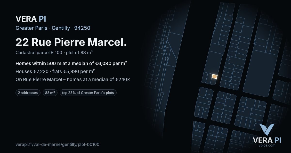 22 Rue Pierre Marcel, Gentilly at night – the plot lit, the parcels around coloured by the prices near them