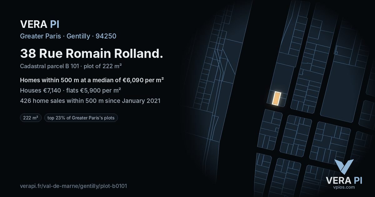 38 Rue Romain Rolland, Gentilly at night – the plot lit, the parcels around coloured by the prices near them