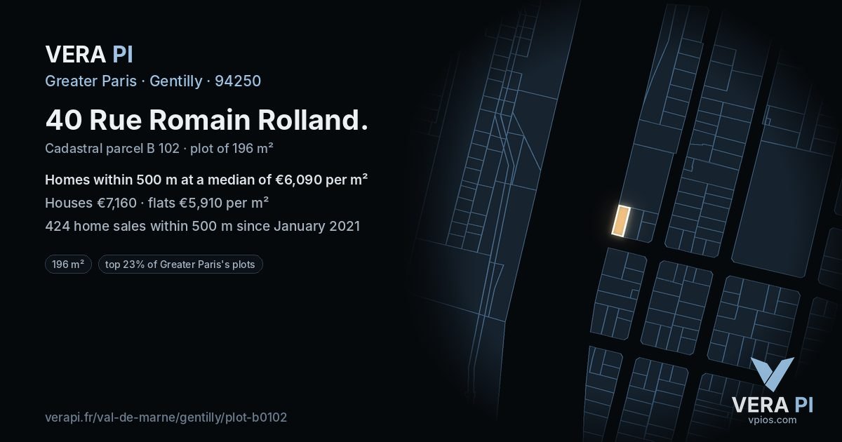 40 Rue Romain Rolland, Gentilly at night – the plot lit, the parcels around coloured by the prices near them