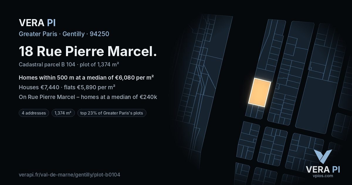 18 Rue Pierre Marcel, Gentilly at night – the plot lit, the parcels around coloured by the prices near them