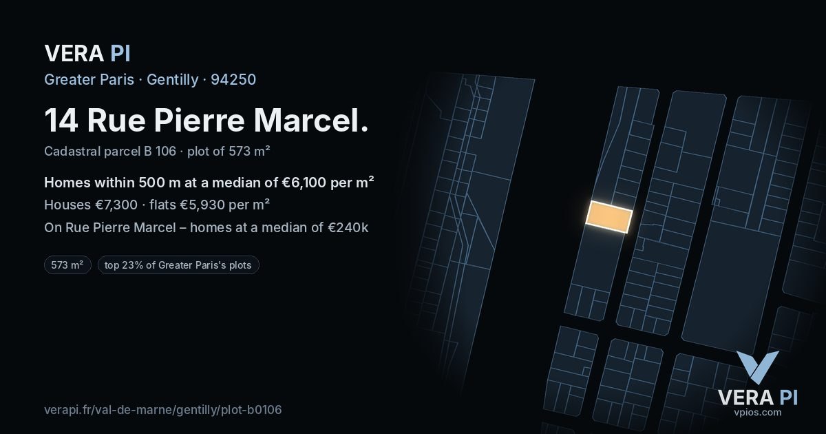 14 Rue Pierre Marcel, Gentilly at night – the plot lit, the parcels around coloured by the prices near them