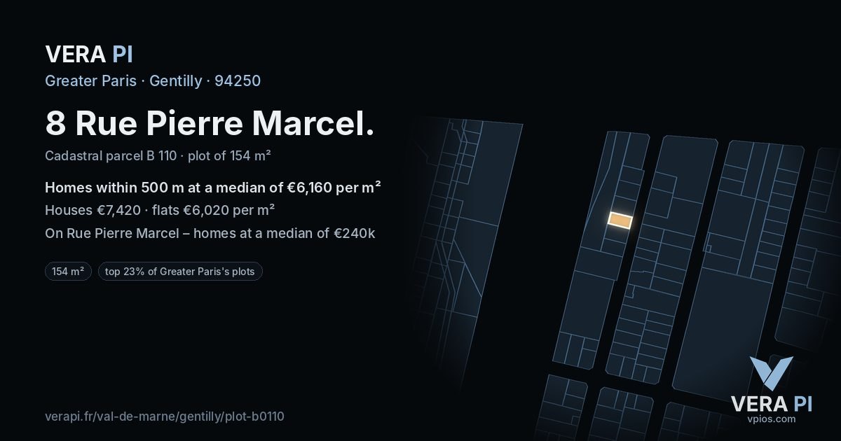 8 Rue Pierre Marcel, Gentilly at night – the plot lit, the parcels around coloured by the prices near them