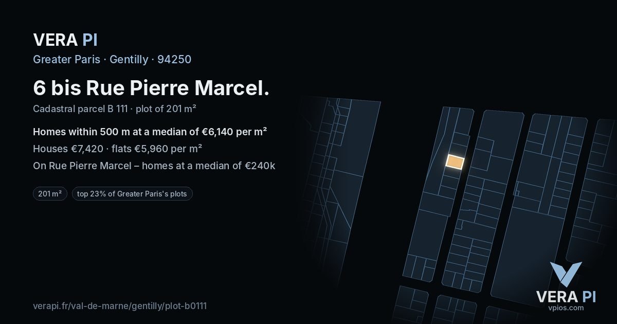 6 bis Rue Pierre Marcel, Gentilly at night – the plot lit, the parcels around coloured by the prices near them