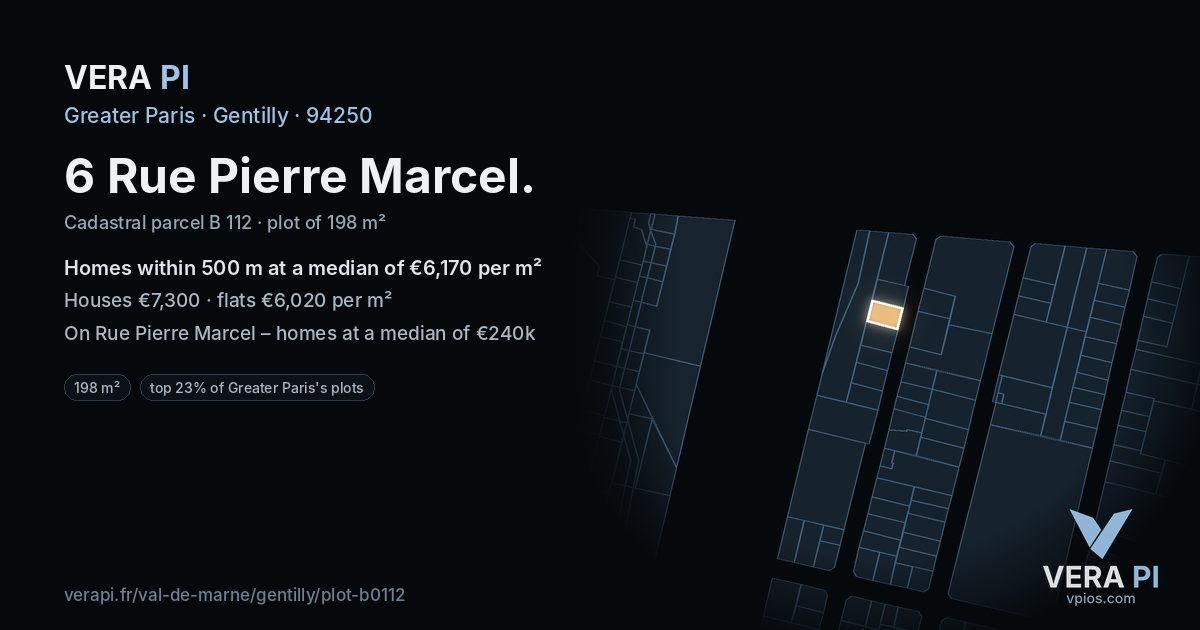 6 Rue Pierre Marcel, Gentilly at night – the plot lit, the parcels around coloured by the prices near them