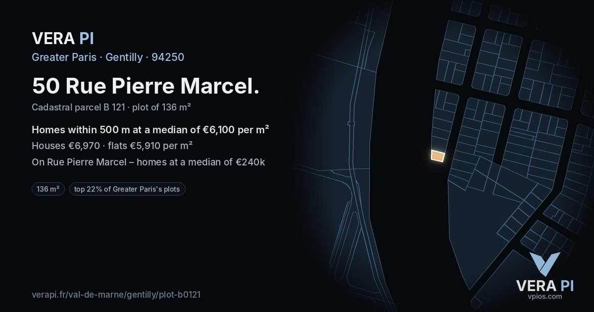 50 Rue Pierre Marcel, Gentilly at night – the plot lit, the parcels around coloured by the prices near them