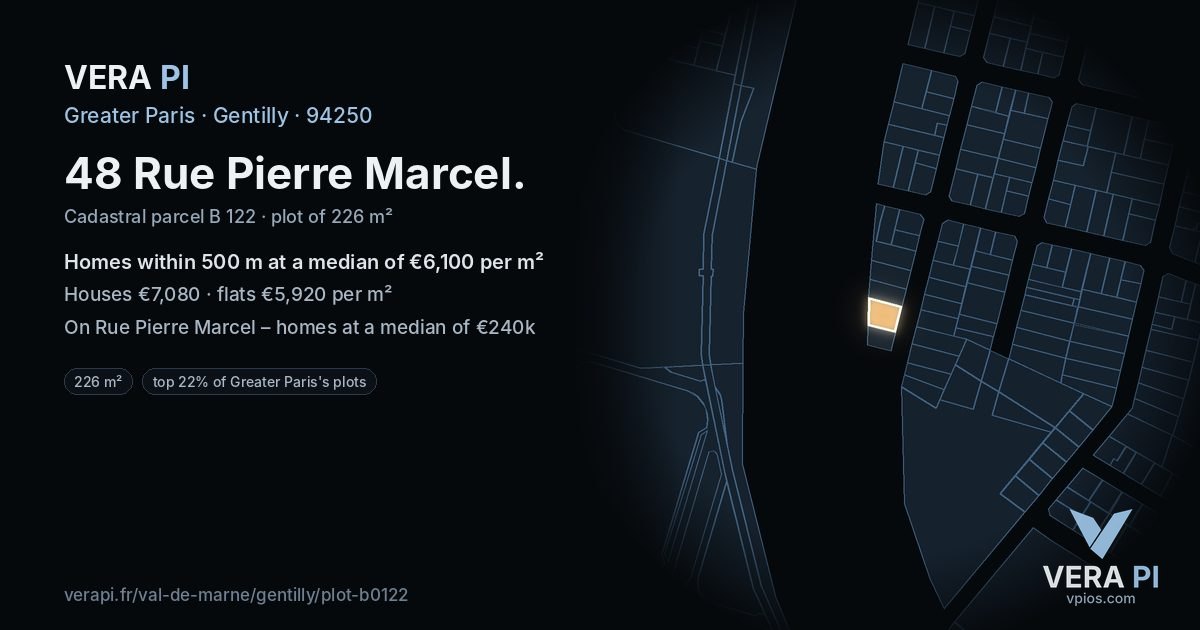 48 Rue Pierre Marcel, Gentilly at night – the plot lit, the parcels around coloured by the prices near them