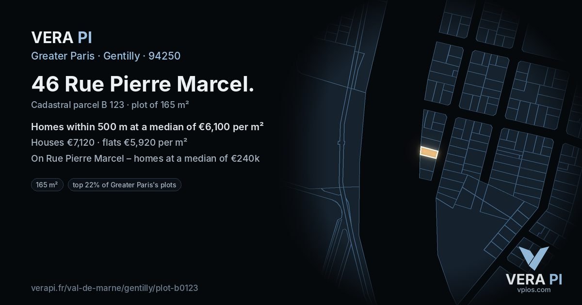 46 Rue Pierre Marcel, Gentilly at night – the plot lit, the parcels around coloured by the prices near them