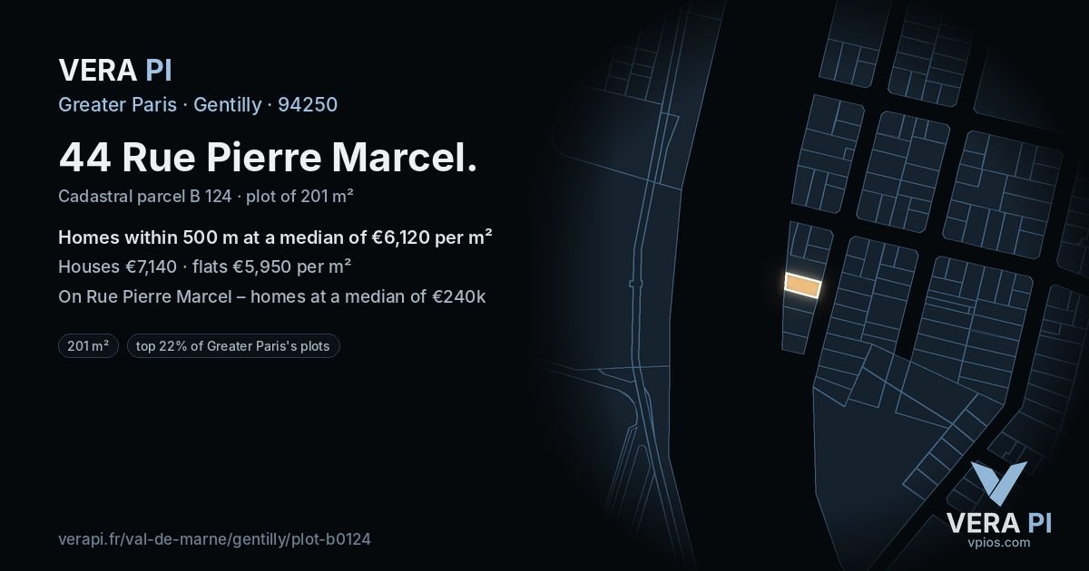 44 Rue Pierre Marcel, Gentilly at night – the plot lit, the parcels around coloured by the prices near them