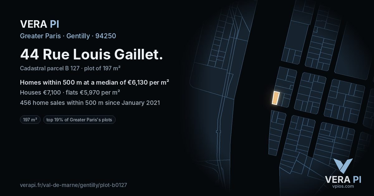 44 Rue Louis Gaillet, Gentilly at night – the plot lit, the parcels around coloured by the prices near them