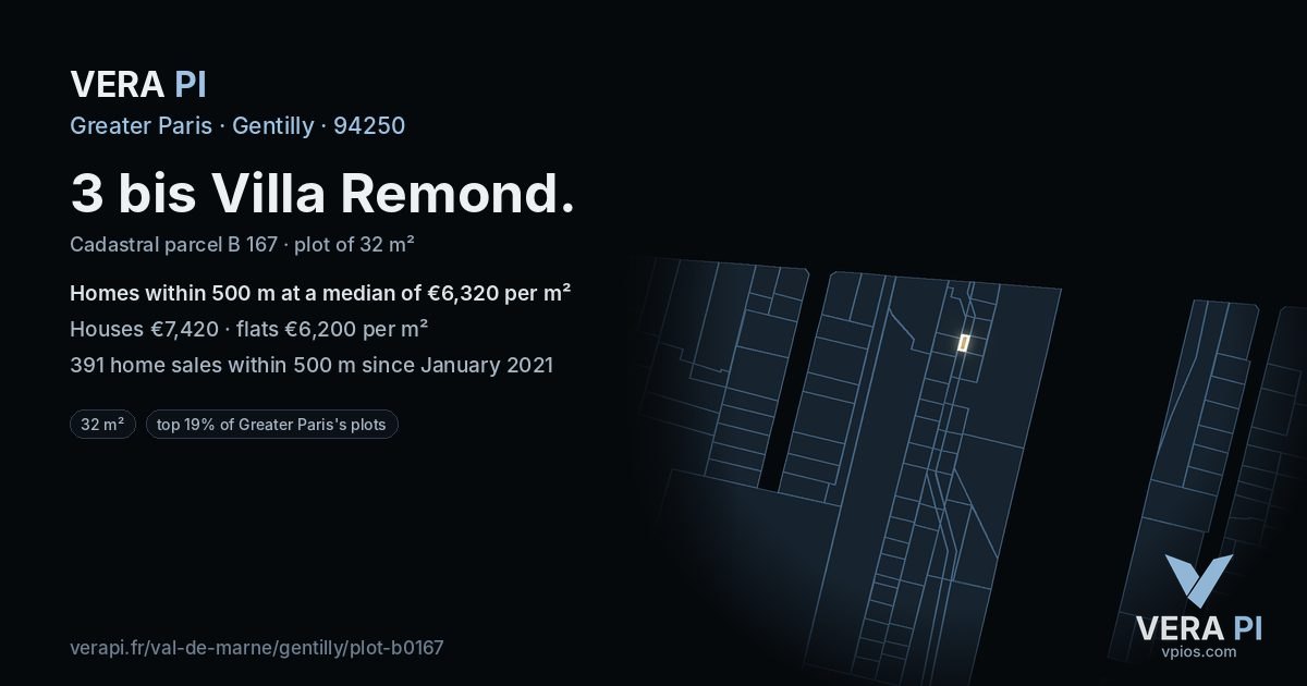 3 bis Villa Remond, Gentilly at night – the plot lit, the parcels around coloured by the prices near them