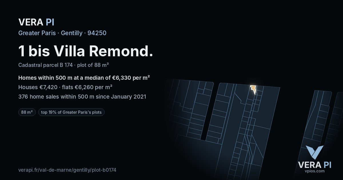 1 bis Villa Remond, Gentilly at night – the plot lit, the parcels around coloured by the prices near them