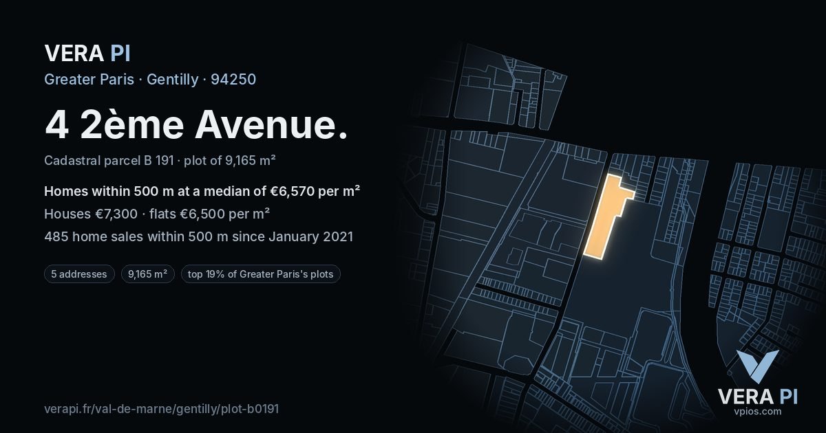 4 2ème Avenue, Gentilly at night – the plot lit, the parcels around coloured by the prices near them