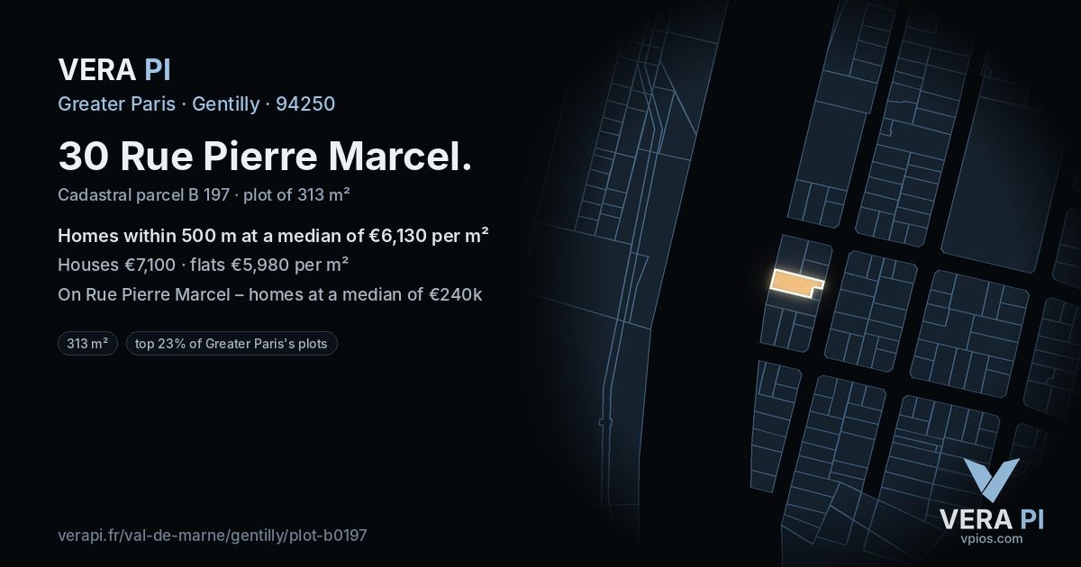 30 Rue Pierre Marcel, Gentilly at night – the plot lit, the parcels around coloured by the prices near them