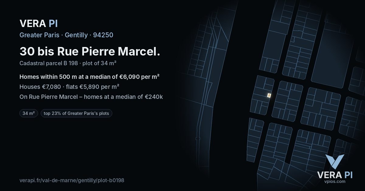 30 bis Rue Pierre Marcel, Gentilly at night – the plot lit, the parcels around coloured by the prices near them
