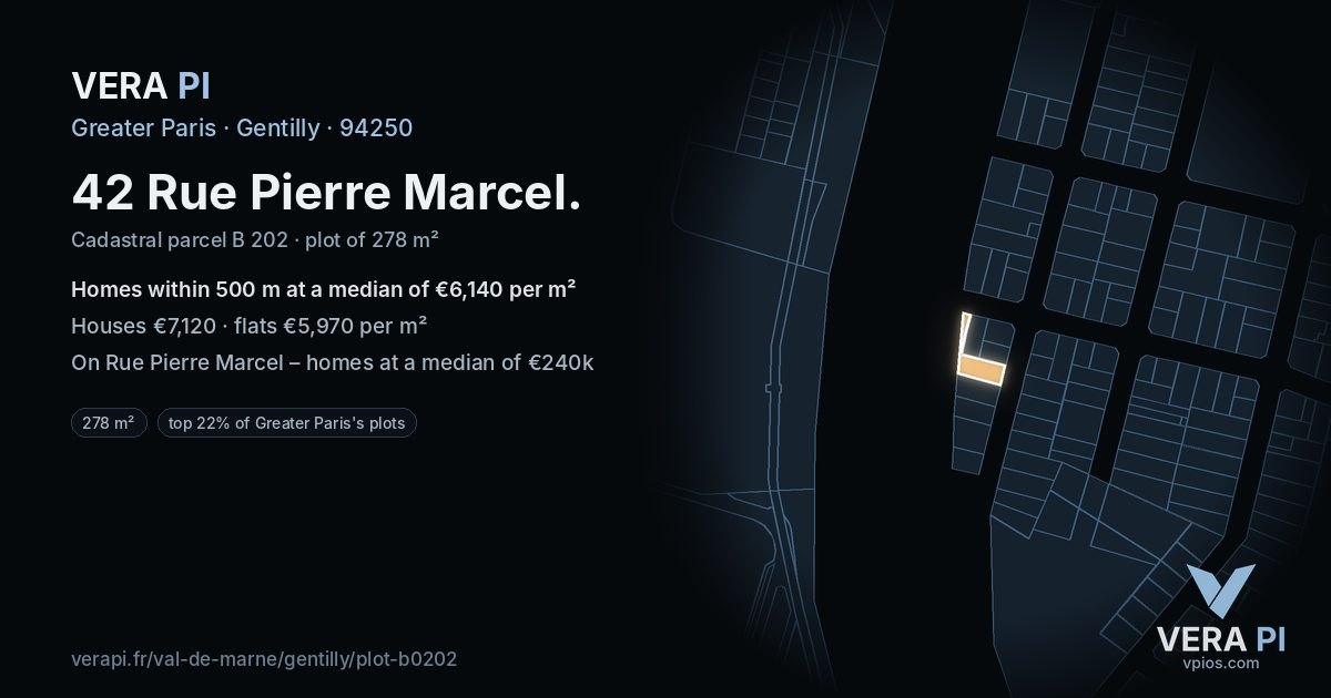 42 Rue Pierre Marcel, Gentilly at night – the plot lit, the parcels around coloured by the prices near them