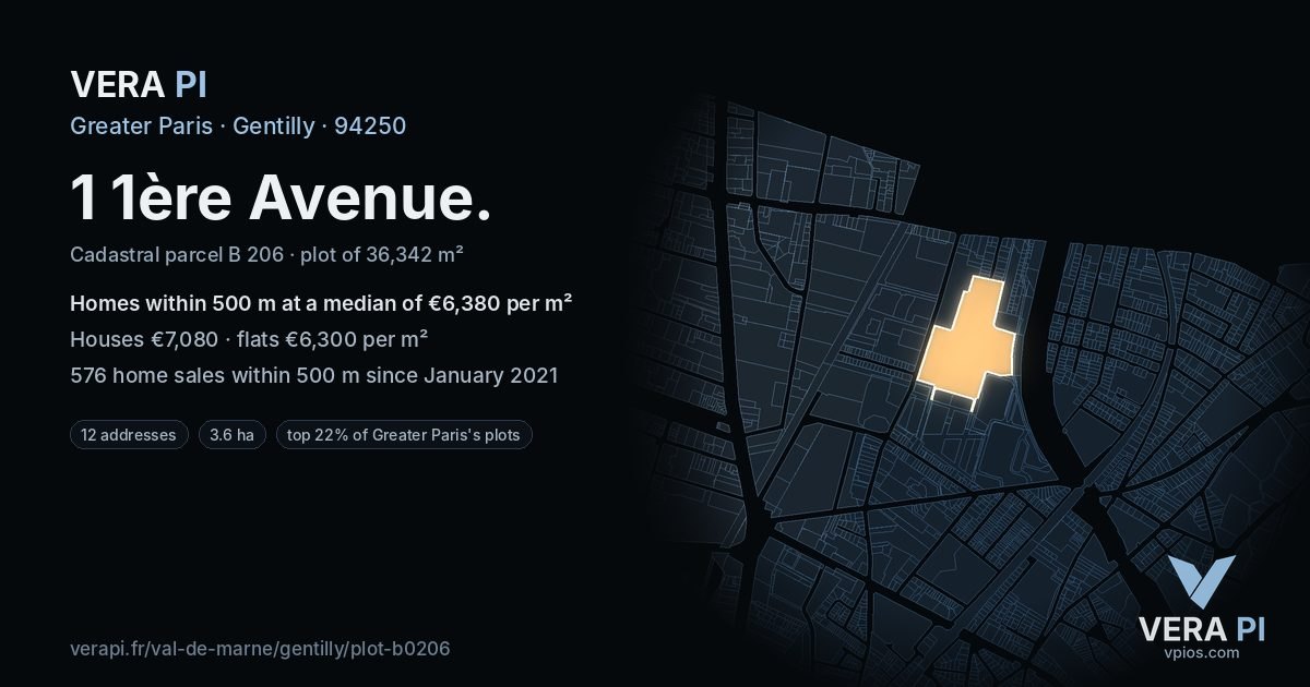 1 1ère Avenue, Gentilly at night – the plot lit, the parcels around coloured by the prices near them