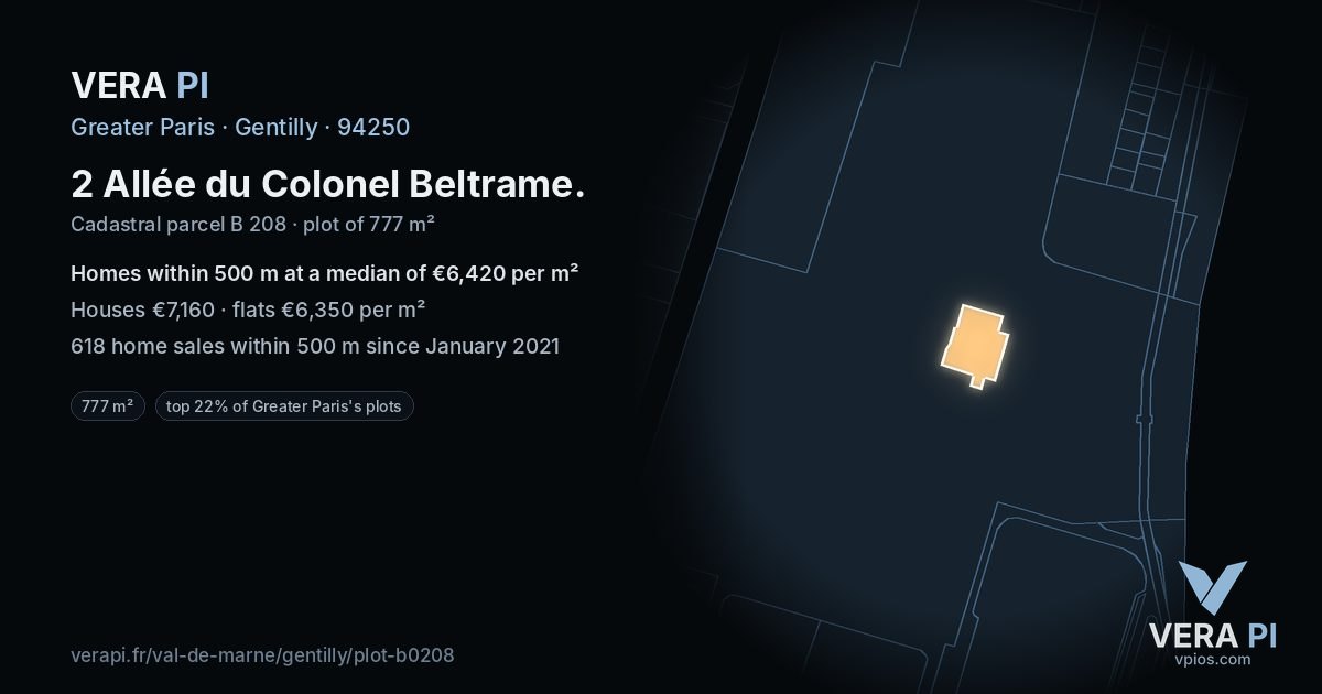 2 Allée du Colonel Beltrame, Gentilly at night – the plot lit, the parcels around coloured by the prices near them
